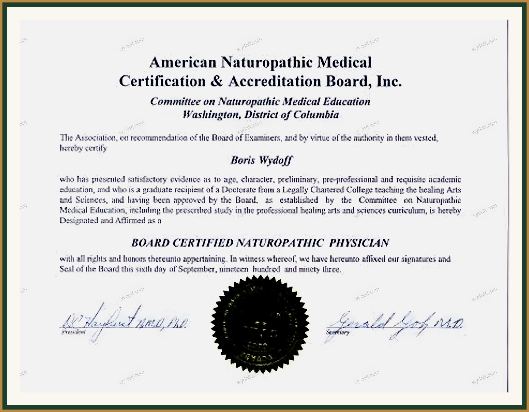 ANMCAB (Вашингтон), 1993 — Board Certified Naturopathic Physician